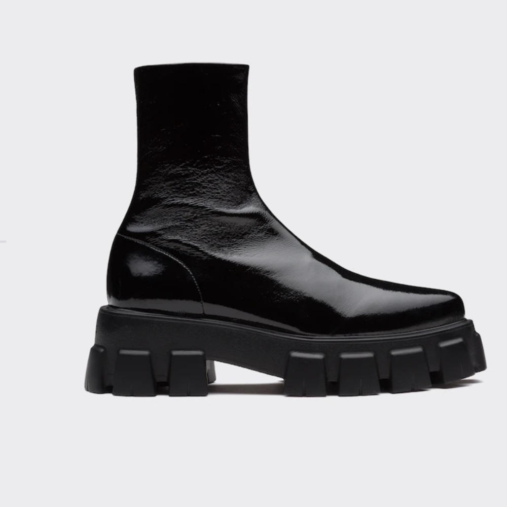 Prada Black Patent Leather Chunky Sole Ankle Boots